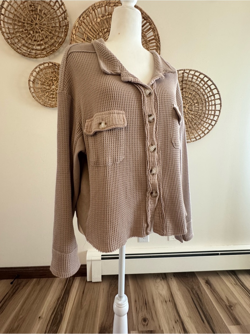 Waffle Knit Button-Up Shirt Jacket in Taupe